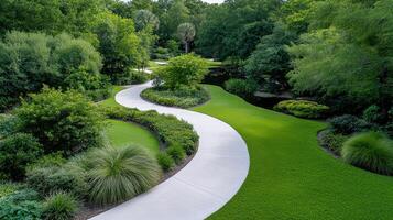A walkway in a lush green park with grass and trees photo