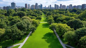 An aerial view of a green park with trees and a city skyline photo
