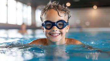 A young boy wearing goggles in a swimming pool photo