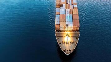 A large container ship is sailing through the ocean photo