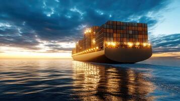 A large container ship is sailing across the ocean at sunset photo