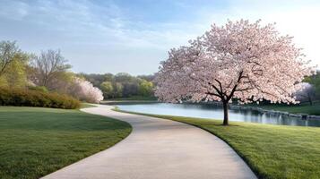 A path leading to a tree with pink flowers photo
