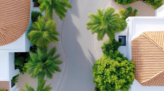 parte superior ver de casas con palma arboles y un la carretera foto