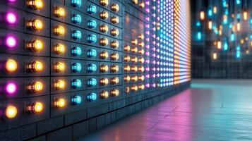 A wall with many colorful lights on it photo