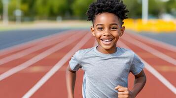A young boy is running on a track photo