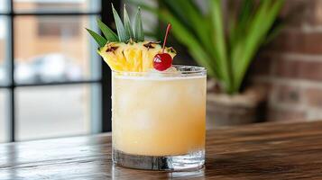 A drink with a pineapple garnish on top of a wooden table photo