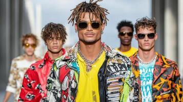 A group of men wearing colorful clothes and sunglasses photo