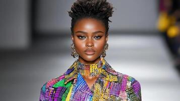 A model walks down the runway wearing a colorful shirt photo