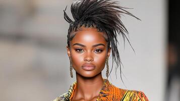 A model with a large afro hairstyle on the runway photo