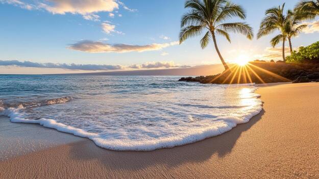 Sunset on the beach with palm trees and waves photo