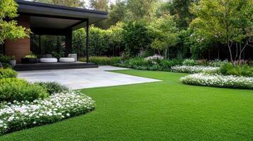 A modern backyard with grass and flowers photo