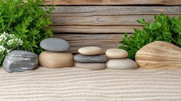 Zen garden with stones and plants on sand photo