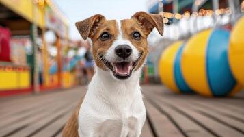 A dog sitting on a wooden boardwalk with a carnival in the background photo