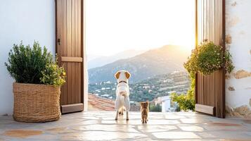 A dog and cat standing in front of an open door photo