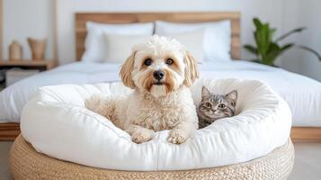 A dog and cat sitting in a bed with a bed and a white dog bed photo