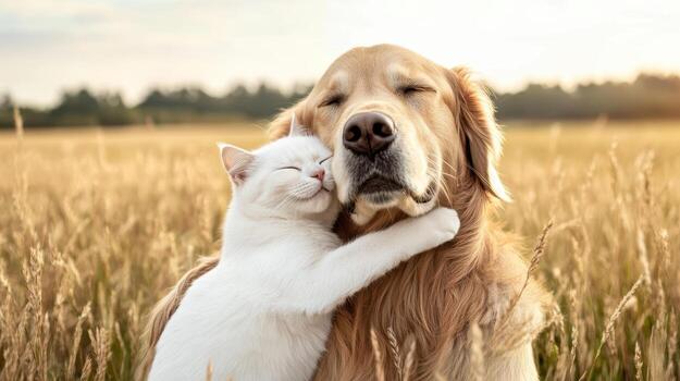 A dog and cat hugging in a field photo