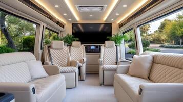 The interior of a luxury bus with leather seats photo