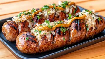 A tray of sausages with onions and mustard photo