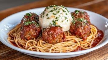 Spaghetti with meatballs and a white sauce photo