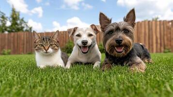 Three dogs and a cat laying on the grass photo