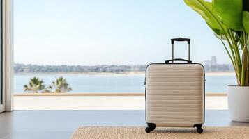 A suitcase sits on the floor next to a plant photo