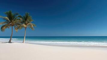 Two palm trees on a beach with blue water photo