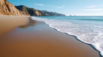 A sandy beach with waves and a cliff photo