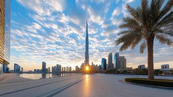 The sun rises over the city skyline in dubai photo