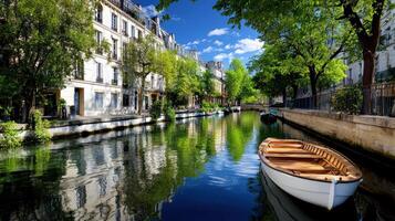 A boat is floating down a canal in paris photo