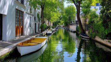 A canal with boats in the middle of a city photo