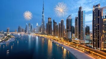 Dubai skyline at night with fireworks photo