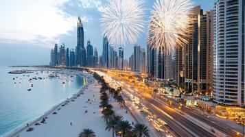 Fireworks over the beach and city skyline in dubai photo