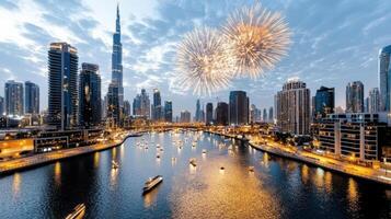 Dubai fireworks over the city skyline at sunset photo