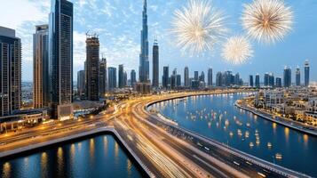 Dubai skyline with fireworks and fireworks over the city at night photo