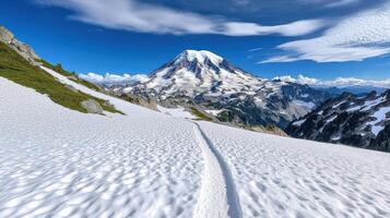 A trail leading up to a mountain with snow photo