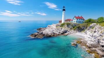 A lighthouse sits on a rocky shoreline next to the ocean photo