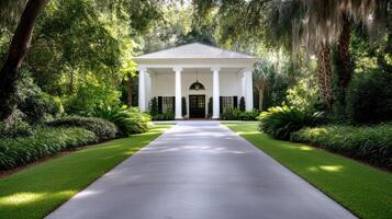A white gazebo sits in the middle of a lush green lawn photo
