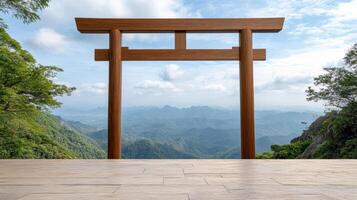 A tori tori gate in front of a mountain view photo