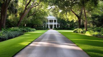 A long driveway leads to a white house photo