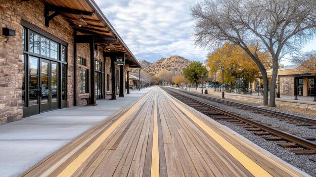 A wooden walkway with a train track in front of it photo