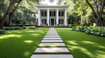 A lawn with a stone walkway leading to a white house photo