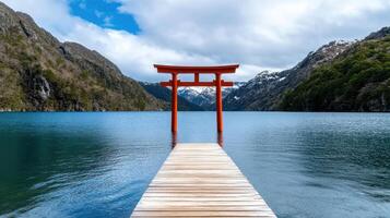 A tori gate in the middle of a lake photo