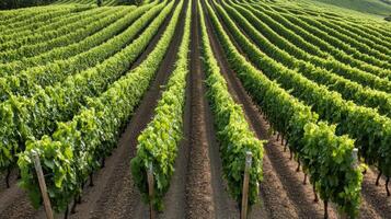 Rows of green grapes in a vineyard photo
