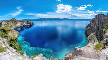 The blue water of a lake surrounded by cliffs photo