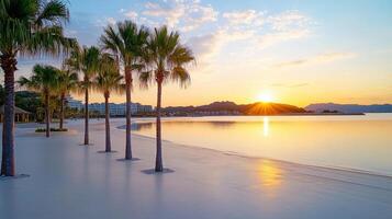 Palm trees line the beach at sunset photo
