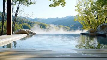 A hot tub in front of a mountain with trees photo