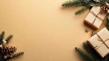 Christmas gifts on a yellow background with pine cones and fir branches photo