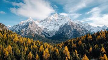 A mountain range with trees and snow capped peaks photo