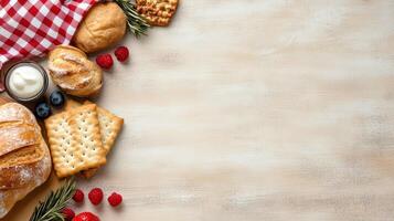 Bread, cheese, berries and other food items on a wooden table photo