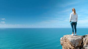 A woman standing on the edge of a cliff looking out over the ocean photo